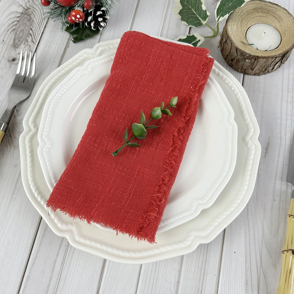 24pcs 32x32cm Christmas Gauze Cotton Napkin Reusable Tea Towel Wedding Christmas Party Table Decor Retro Burrs Napkins