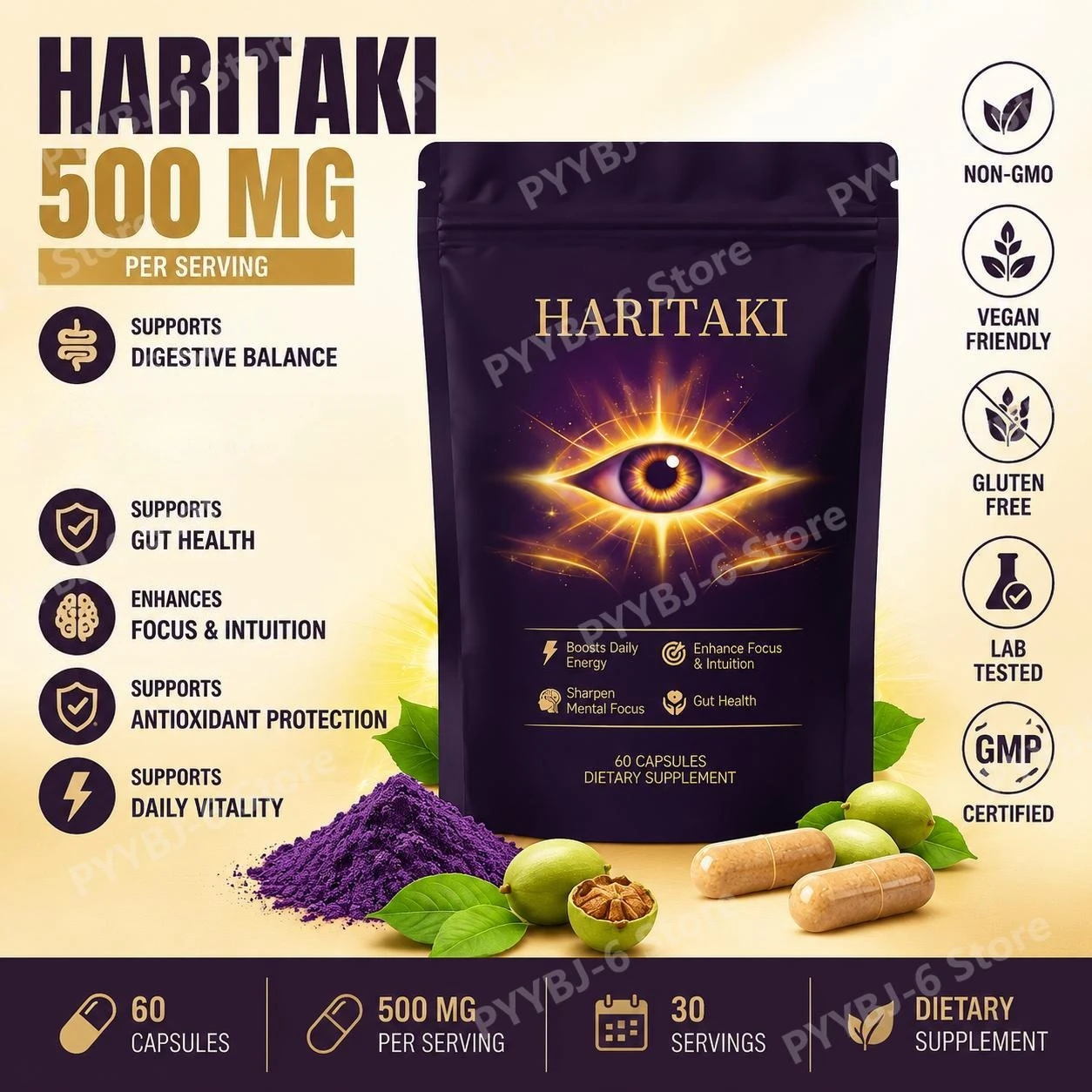 Haritaki Fruit Powder Capsules 500mg Digestive Balance and Gut Health Support Daily Wellness Formula 60 Capsules