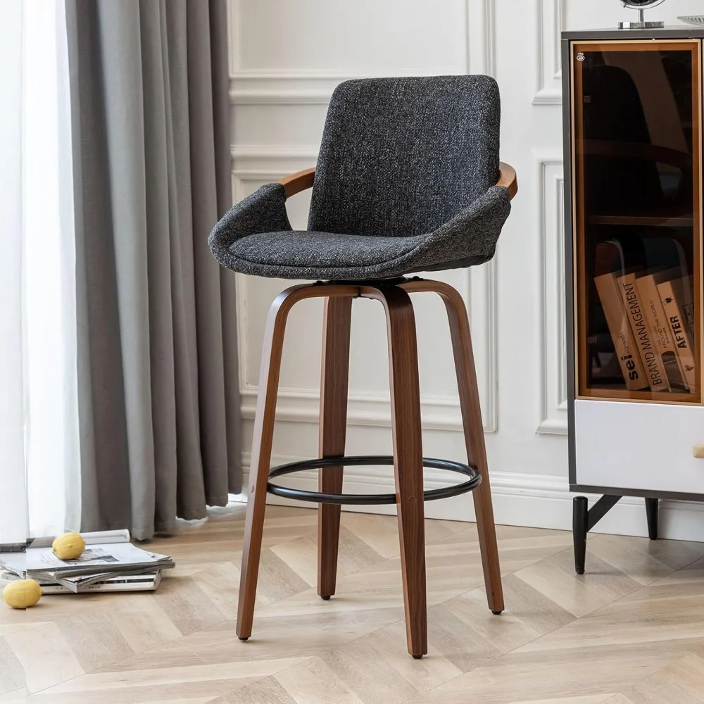 Counter Height Barstools Mid Century Modern Retro Bar Chairs Charcoal Linen Look Fabric Upholstered and Walnut Wood Frame