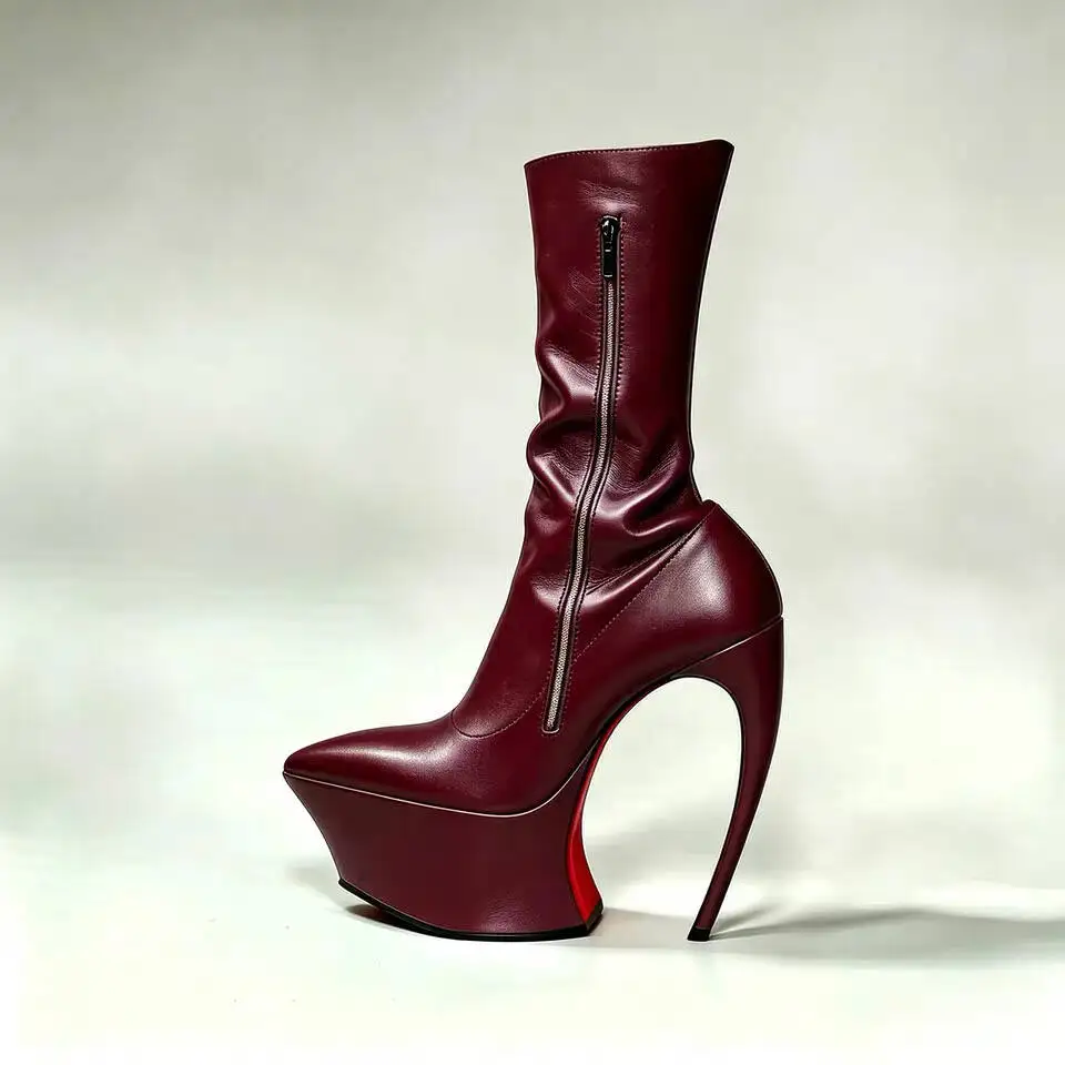 Ladies' Thick Soled Pointed Platform, High Heels, Short Boots, Party Runway, Sexy Fashion Boots, Autumn and Winter Leather Boots