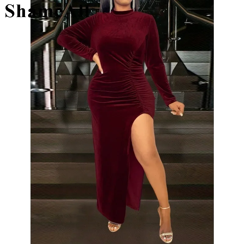 Women's Plus Size Mock Neck Ruched Split Thigh Velvet Dress