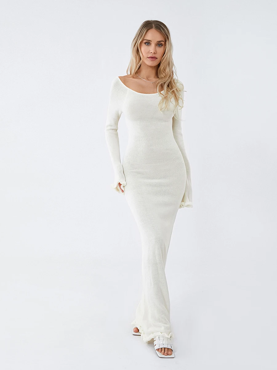 Women\'s Autumn Winter Knitted Bodycon Dress Long Sleeve Tie Backless Round Neck Solid Color Ruffle Trim Long Dress Beachwear