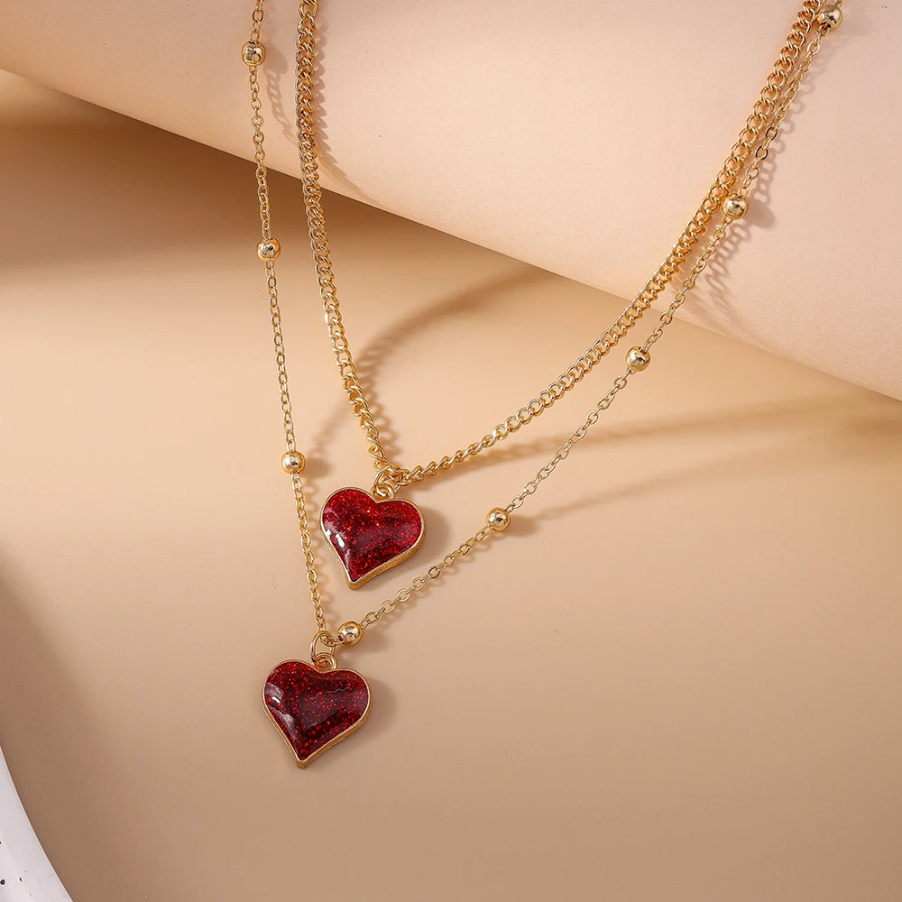 Aihua Gold Color Red Heart Necklace Romantic Sweet Simple Clavicle Chain Necklaces for Women Collar Valentine‘s Day Jewelry Gift