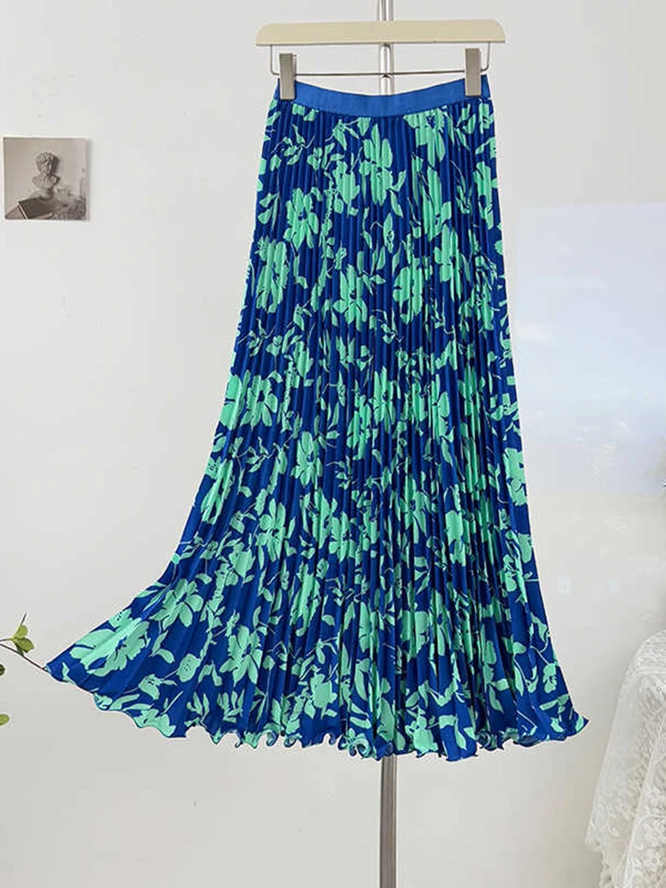 2026 Spring/Summer Seaside Vacation Printed Hundred Fold Half Skirt Women Elastic Waist A-line Loose Large Swing Long Dress S491