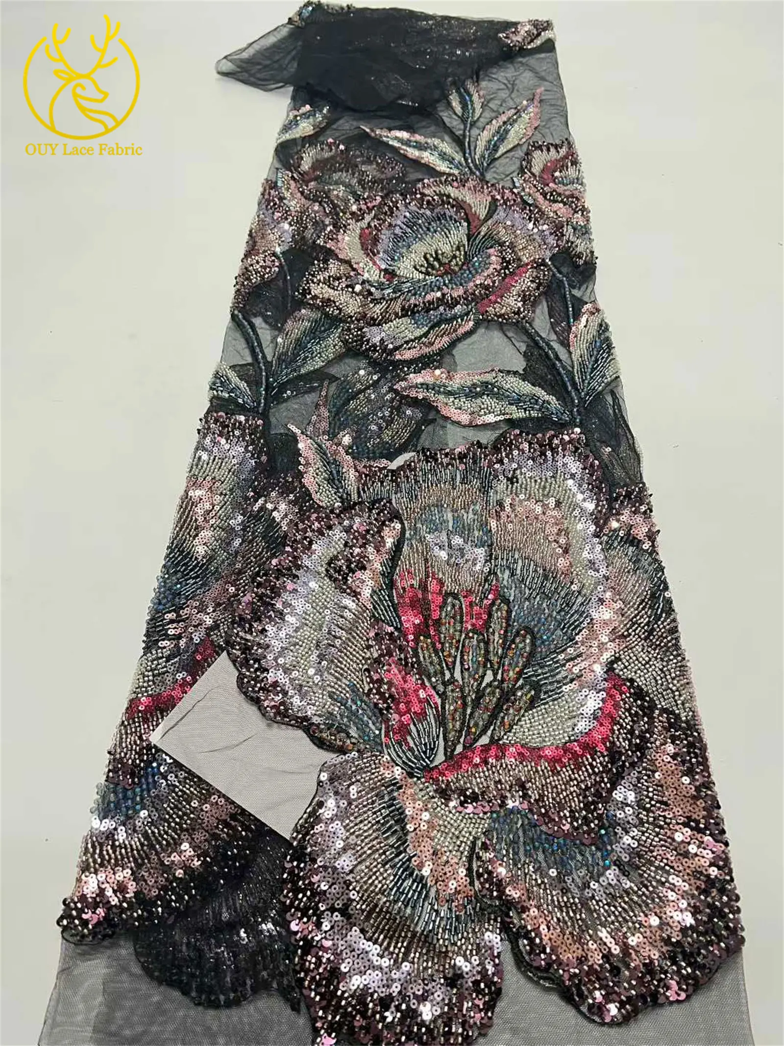 Nigeria Große Blumen Perlen-Spitzenstoff 2026 Luxuriöser Afrikanischer Spitzenstoff 5 Yards Französischer Pailletten-Spitzenstoff für Party- und Abendkleider – Detail 5
