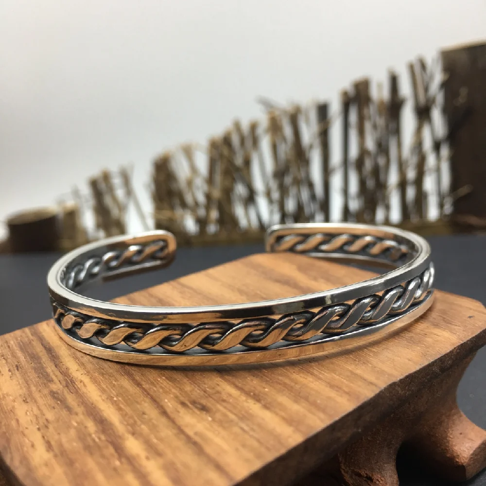 

S925 sterling silver stylishretro ethnic style bracelet cold wind easiest for match braided adjustable opening bracelet