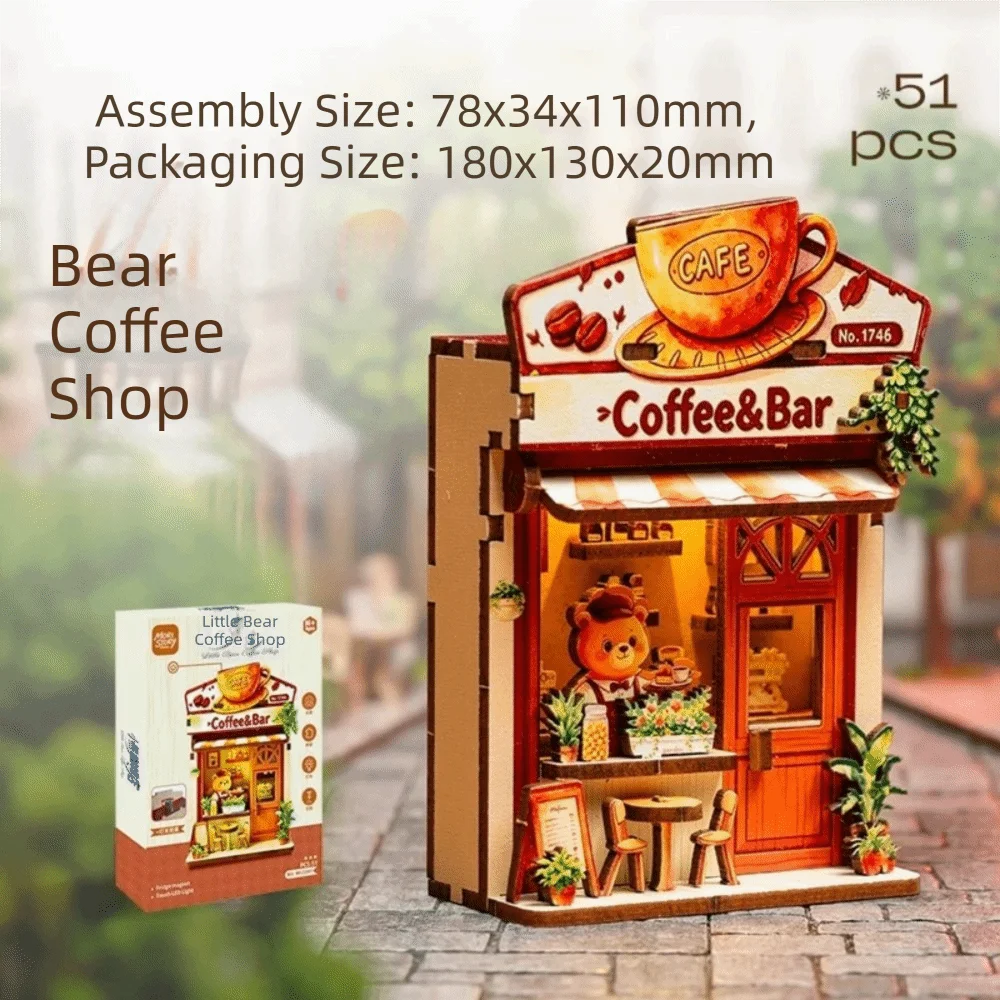 Animals Shop Wooden Fridge Magnet Assembly Model Miniature DIY House Puzzle Toy Handmade LED Light 3D Wooden Puzzle Kit