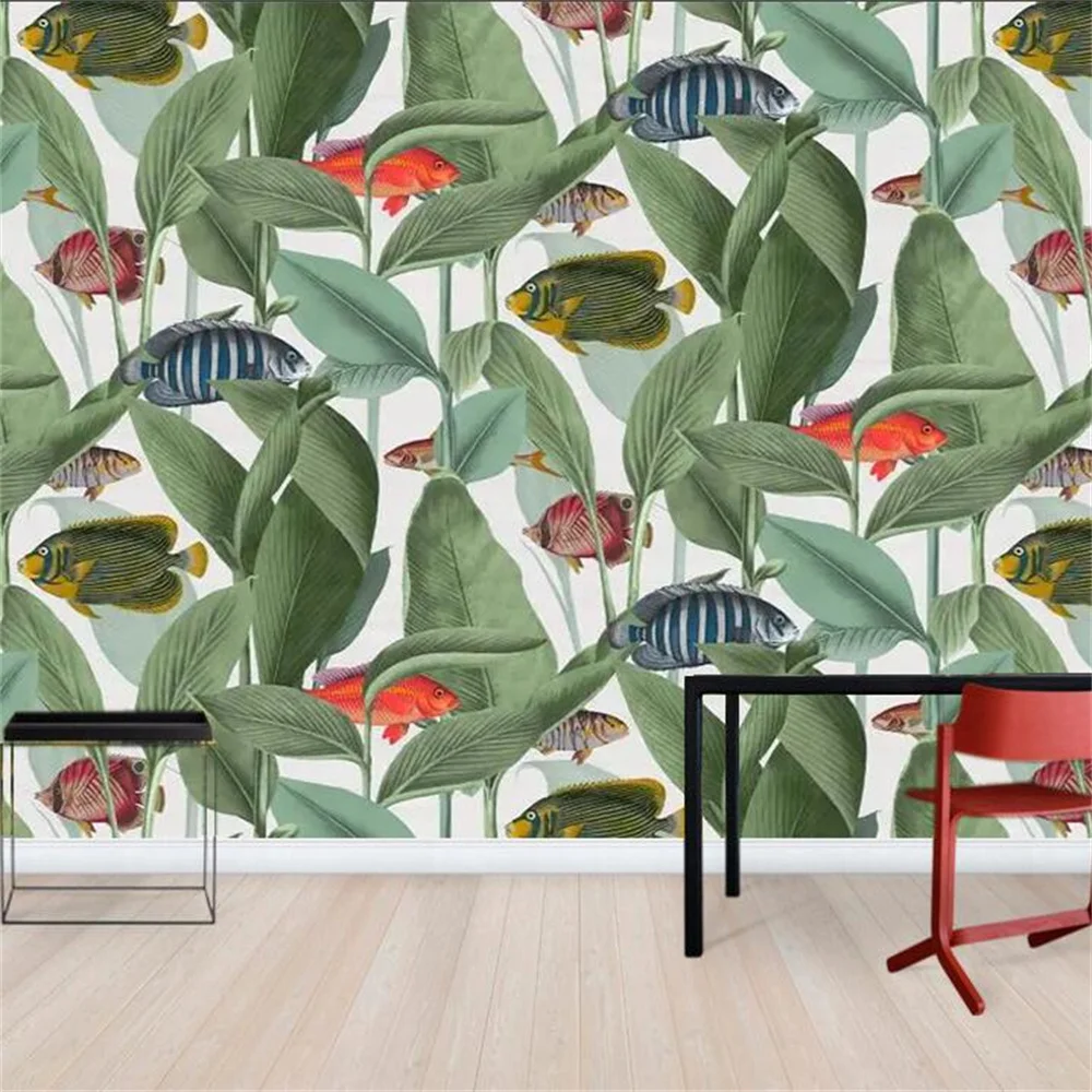 

Custom wallpaper 3d Papel de parede Retro ancient fish mural background home decorations Underwater World Fish Leaf wall papers