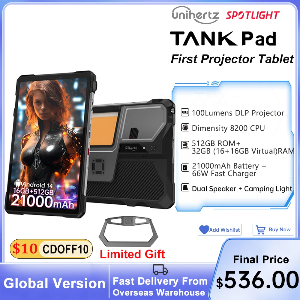 

Unihertz Tank PAD 8849 Rugged Projector Tablet Android 32GB 512GB 21000mAh 10.95" FHD Dual Speaker Dimensity 8200 Tablet Phone