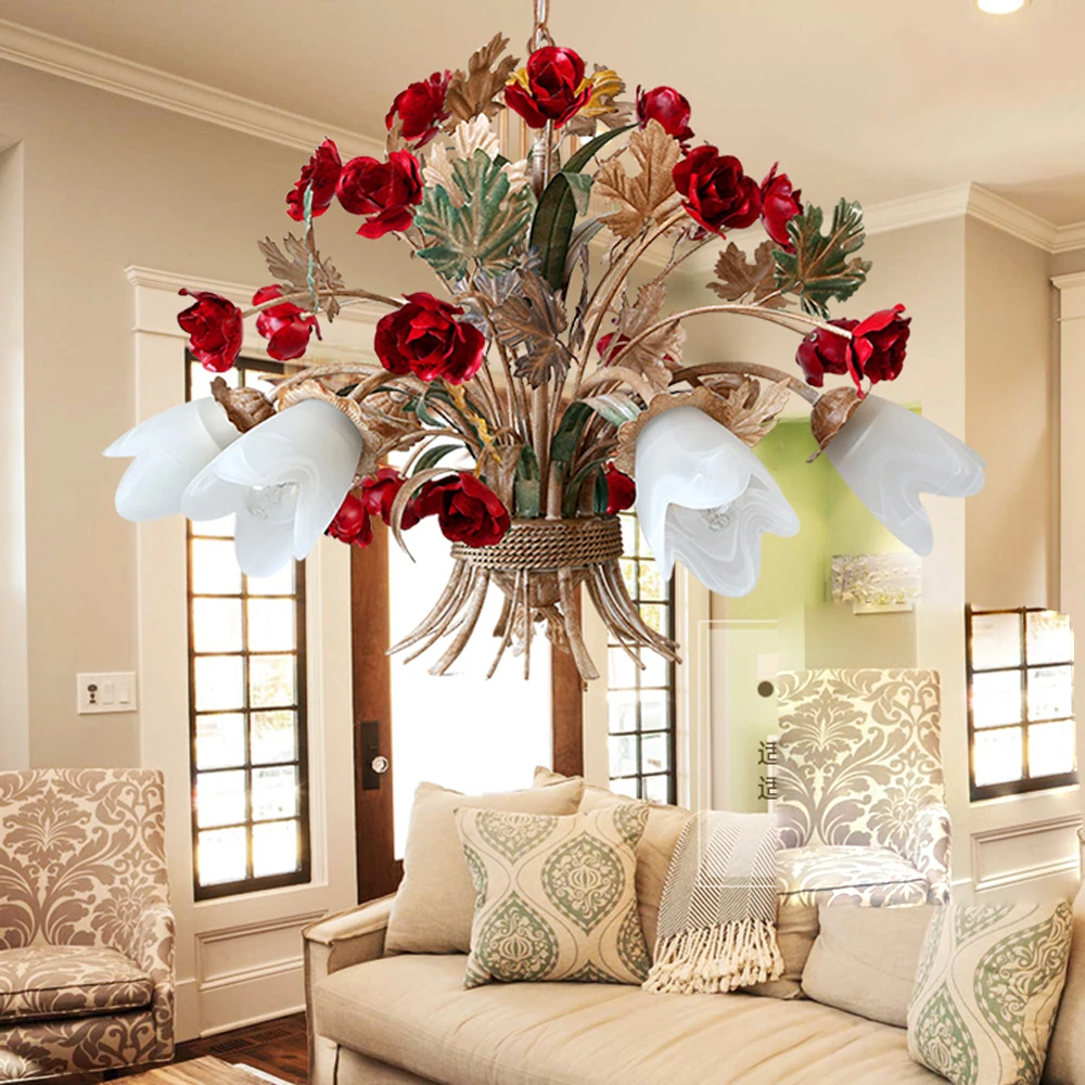 Led E27 European Iron Glass Flower Shaped Led Lamp Led Lightpendant Lightspendant Lamppendant Light For Dinning Room Foyer