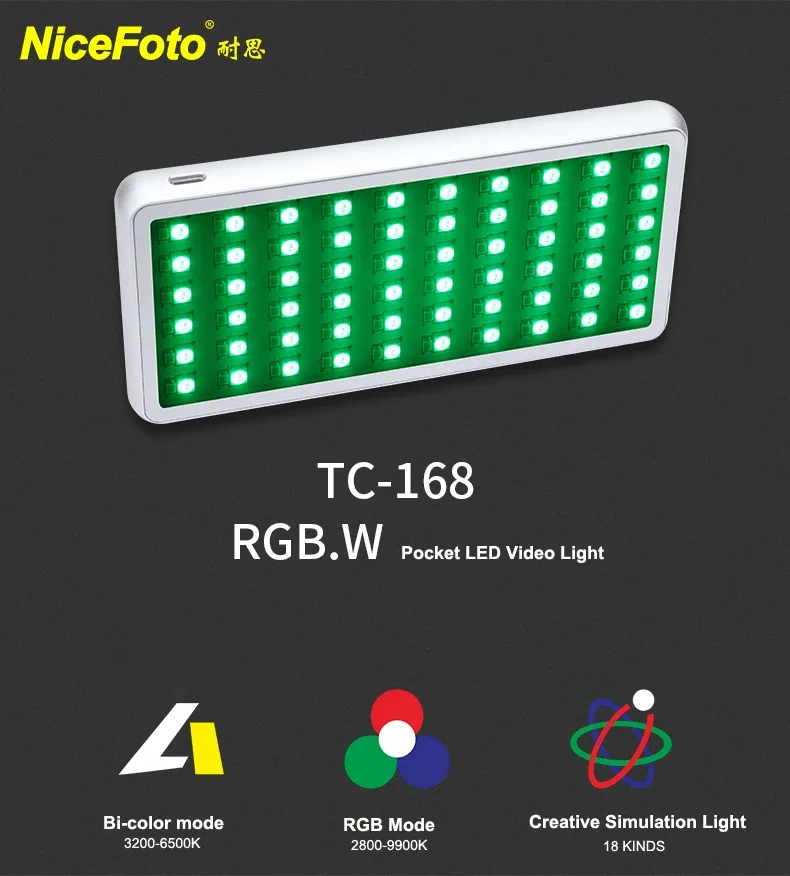 Nicefoto-TC-168 RGB LEDビデオライト,電話,カメラ,撮影スタジオ用の特殊効果を備えたポータブルフィルライト,2800k-9900k