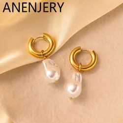 ANENJERY 316L Stainless Steel Irregular Imitation Pearls Earrings for Wome Vintage Temperament Jewelry Gift
