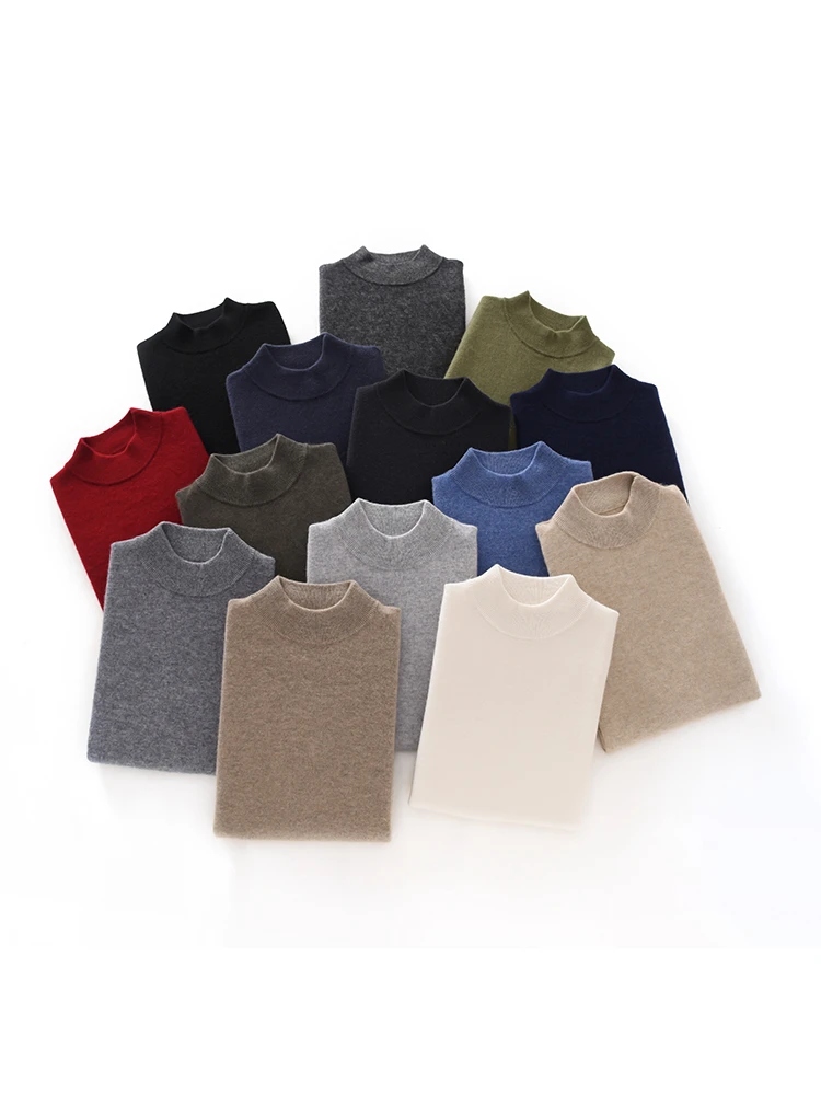 Chic Mock Neck Men's 100% Cashmere  Sweater  Long Sleeve Pullover Autumn Winter Basic Casual Knitwear High Quality Soft New Tops