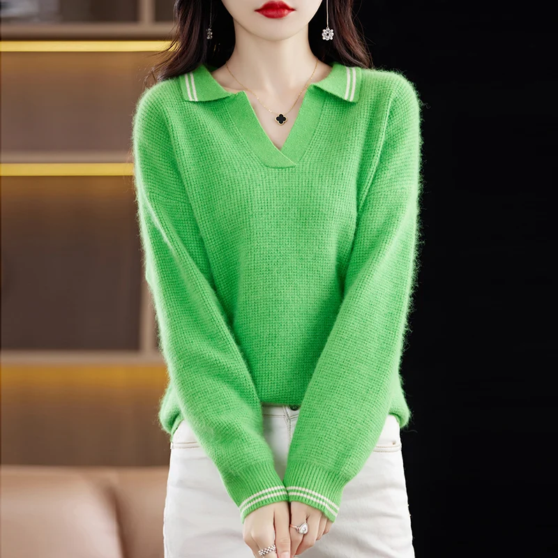 

Autumn and Winter New V-Neck 100% Pure Mink Cashmere Sweater Woman Fashion Pineapple Needle Weaving Large Size Female Clothing