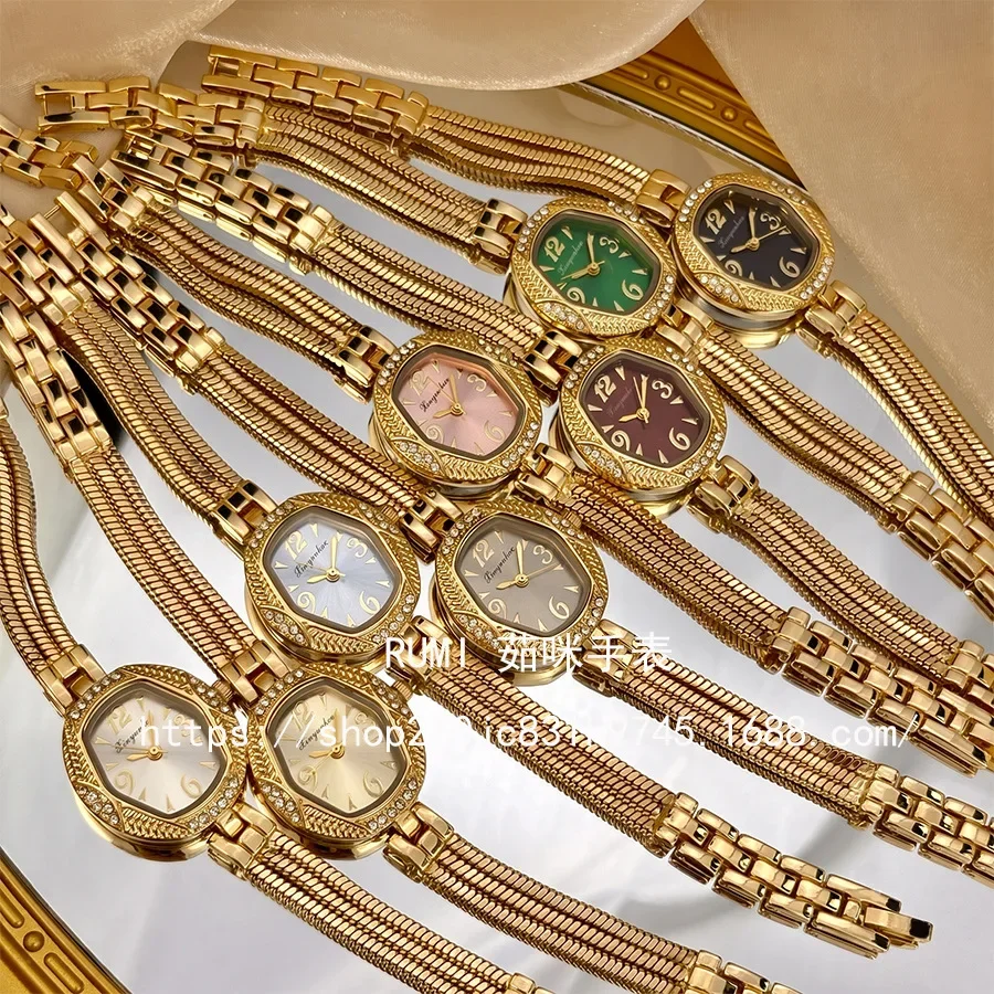 Octagonal Diamond Encrusted Gold Watch for Women Multi Color Dial Quartz Wristwatch Luxury Vintage Mesh Chain Bracelet Watch