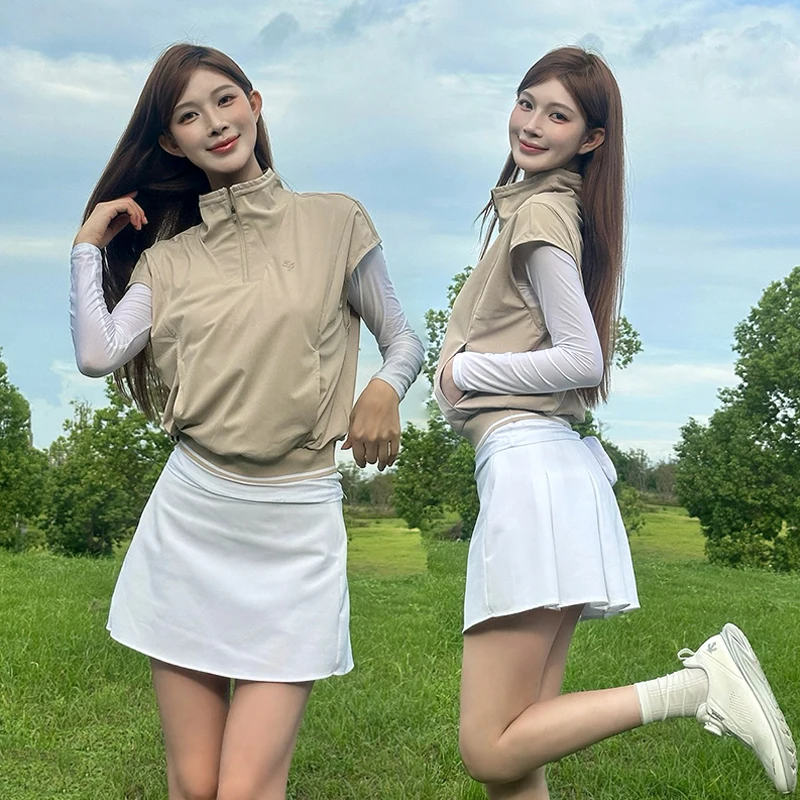 New SG Golf Fake Two-piece Tops Women Zipper High Collar Loose Sports Shirt Long-sleeved Jersey High Waist Pleated Tennis Skirt