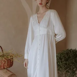 Lady Nightgown Retro Elegant Nightgowns Vintage Women Lace White Sleepwear Dress Cotton Long sleeved Nightdress Gentlewoman