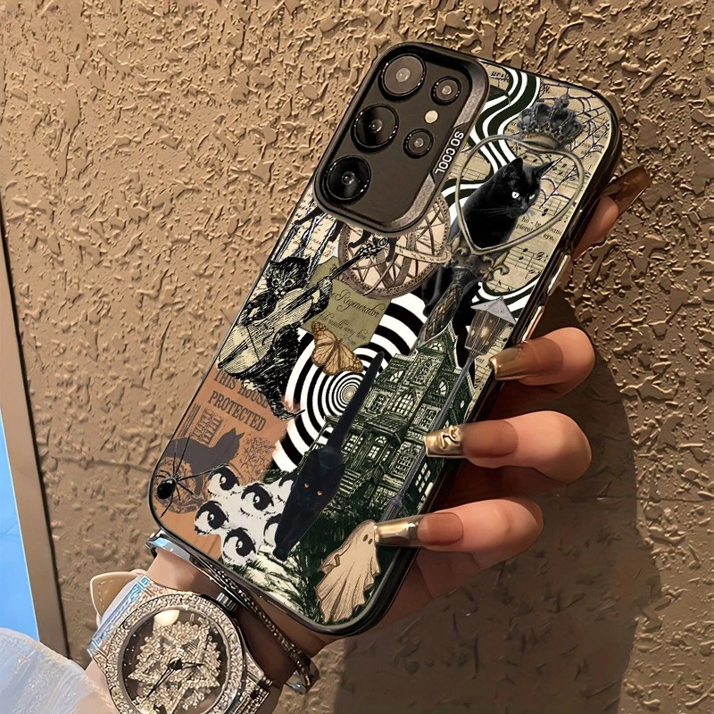 Diseño de patrón de Casa Encantada de murciélago y calavera de gato negro para iPhone 16, 15 14 13 12Pro Max, funda especial para teléfono, tendencia de moda