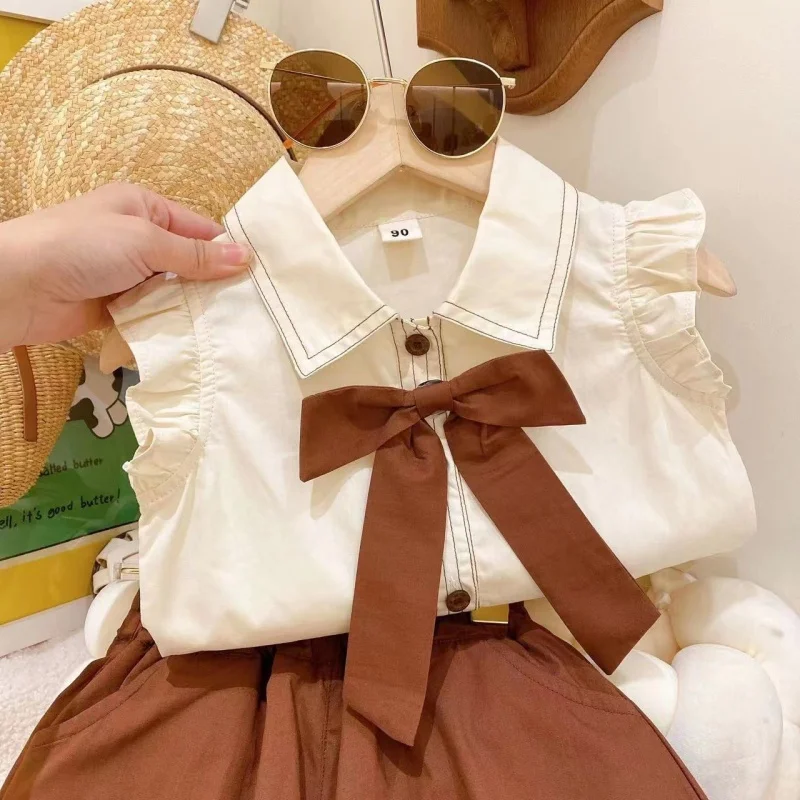 

New Girls Graceful BowPoloCollar Vest Bud-Waisted Shorts Two-Piece Set2024Children's Summer Suit-WSNY