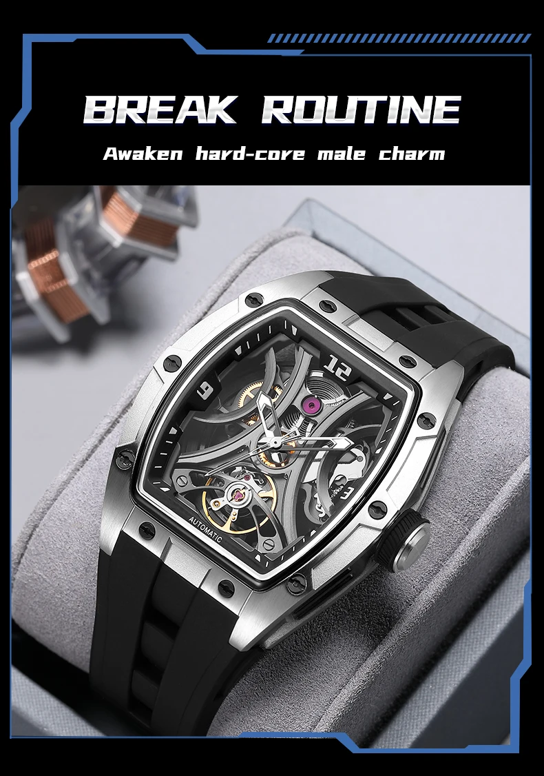 MEGIR Sport-Stil, automatische mechanische Uhr für Herren, voll hohl, transparentes Zifferblatt-Design, Edelstahlgehäuse, Silikonarmband – Detail 21