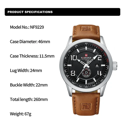 Imagen 2 del producto NAVIFORCE, reloj de pulsera informal de tendencia para hombre, deportes militares, correa de cuero resistente al agua, reloj para hombre, calendario de cuarzo, relojes masculinos