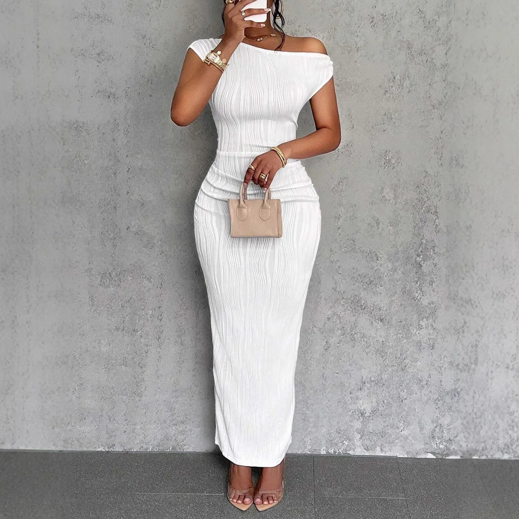 Cute Fashionable Water Ripple Pattern Oblique Shoulder Dress Independent Station New Model Cross Border Sexy Style Polyester ...