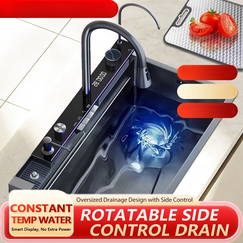 Multifunctional Waterfall Stainless Steel Kitchen Sink Digital Display Nano‑Coated Single Bowl Sink With Pull‑Out Faucet