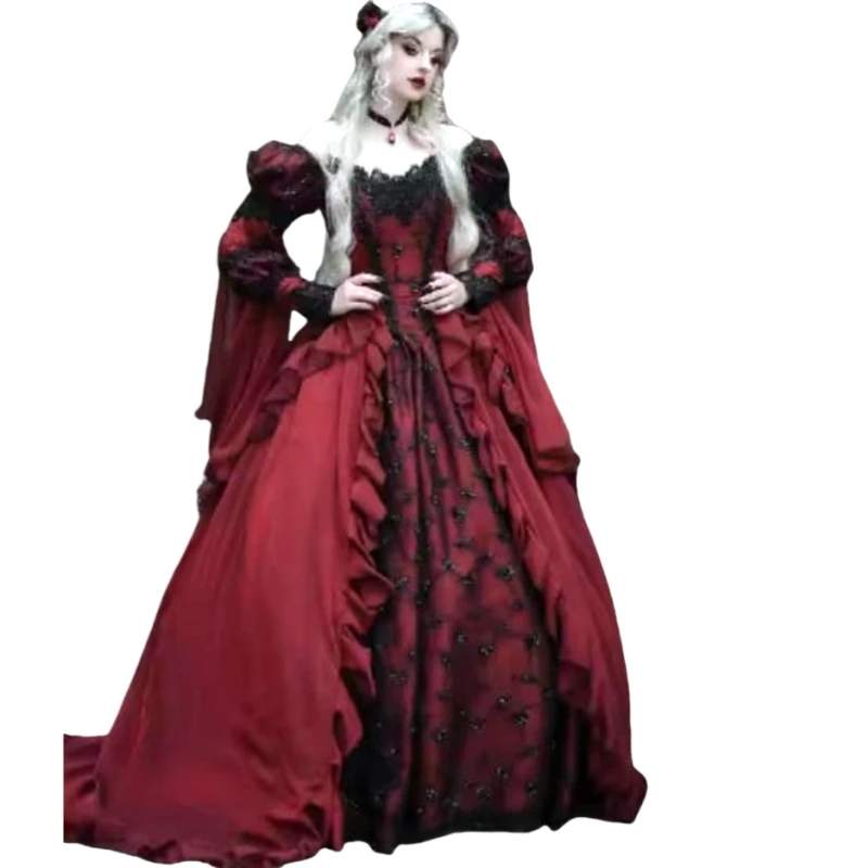 Robe de bal gothique médiévale rouge foncé avec robe de mariée princesse Renaissance noire, Costume de fée elfique personnalisé