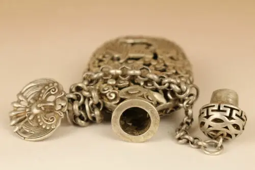 old tibetan silver hand carved hollow out fish lotus statue snuff bottle pendant