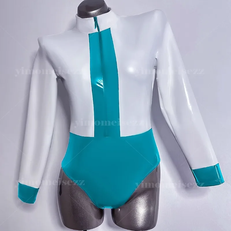

Customized Tight Jumpsuit with Color Blocking and Sexy Mirror Finish Four Sided Elastic Leather Dance Stage Costume Bodysuit