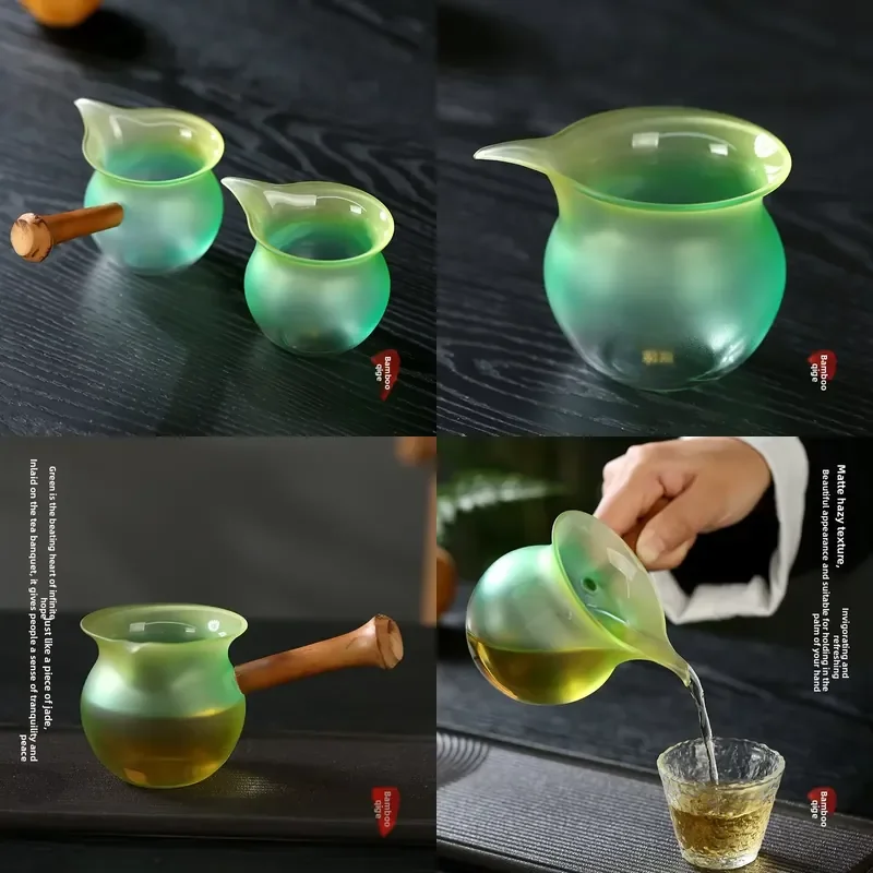 【CHIMU HOME】 Green Frosted Glass Pitcher Heat Resistant Bamboo Handle Gongfu Server