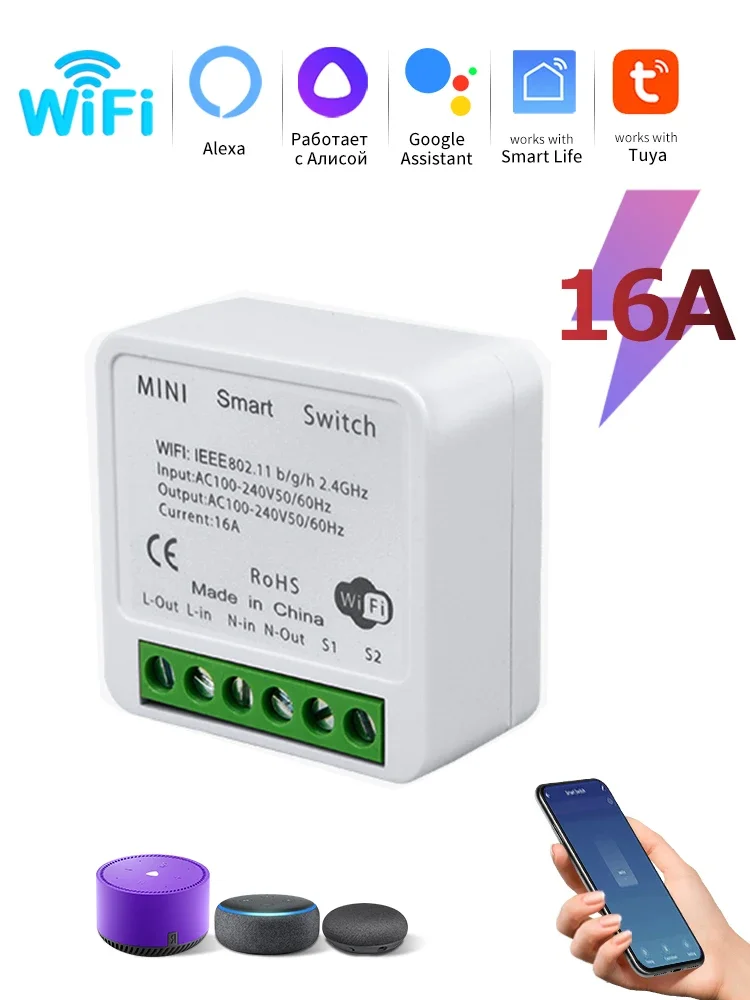 Tuya 16A 20A Mini WiFi Smart Switch 2-weg timerrelais Automatiseringsmodule Smart Life App Remote Alexa Google Home Spraakbesturing