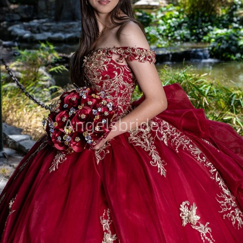 Angelsbride Sprankelende Rode Baljurk Quinceanera Jurken Met Gouden Appliques Avondfeestjurk Vestido De 15 Quinceañera