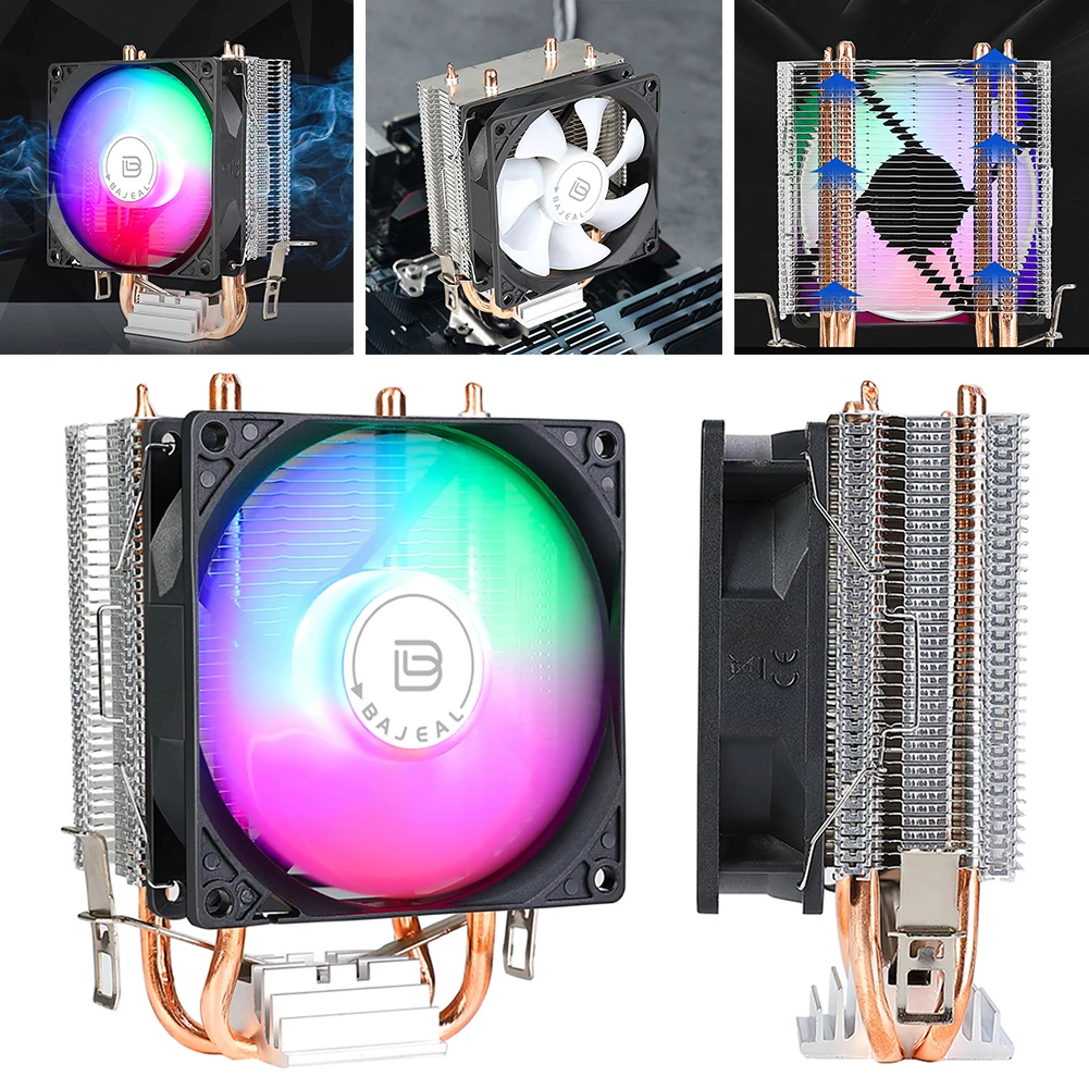 

CPU Air Cooler with 2 Heat Pipes Quiet Rainbow RGB Cooling Fan 3PIN CPU Cooling Fan for Intel 1150/1151/1155/1156/1200 AMD AM2