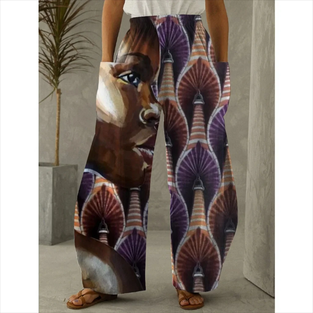 New 3D printed women's artistic facial pants, vintage Bohemian casual pants, beach wear, wide leg pants, spring and summer