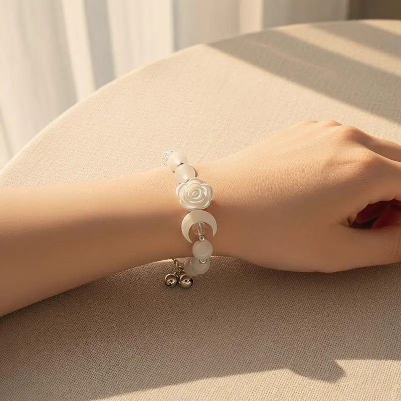 Women's White Flower Bracelet 1/5Pcs with Delicate Bell Charm and Crystal Beads for Events