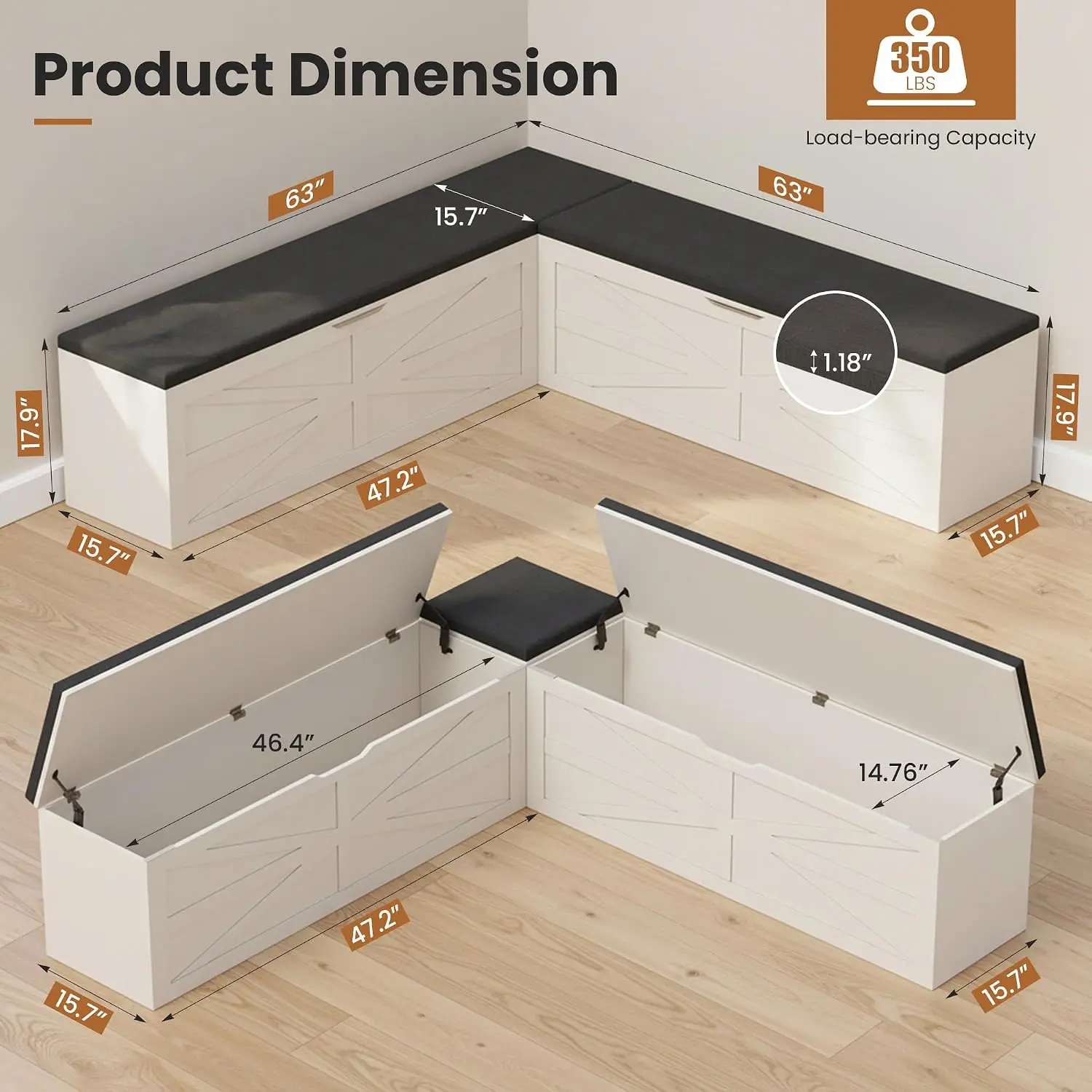 L Shaped Corner Storage Bench, Breakfast Nook Dining Bench With Cushion, Flip Top Trunk Organizer, Kitchen Footstool Box, Modern Farmhouse Furniture, Beige White, 1 Piece