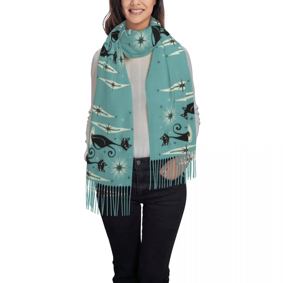 Stylish Mid Century Meow Black Cats Tassel Scarf Women Winter Warm Shawls Wraps Female Abstract Geometric Scarves