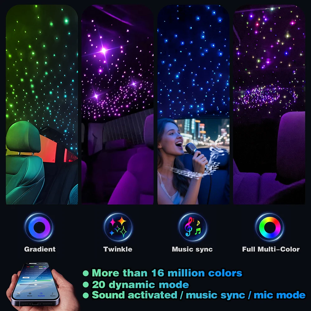 16W Car Roof Star Light Twinkle Fiber Optic Light Ceiling Star Lighting Kit RGBW APP Music Control Car Starry Sky Ceiling Lamp