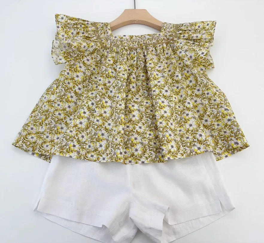 

Summer girls' T-shirt French style Flying sleeve T-shirt Handmade embroidered yellow flower pattern sweet girls' top
