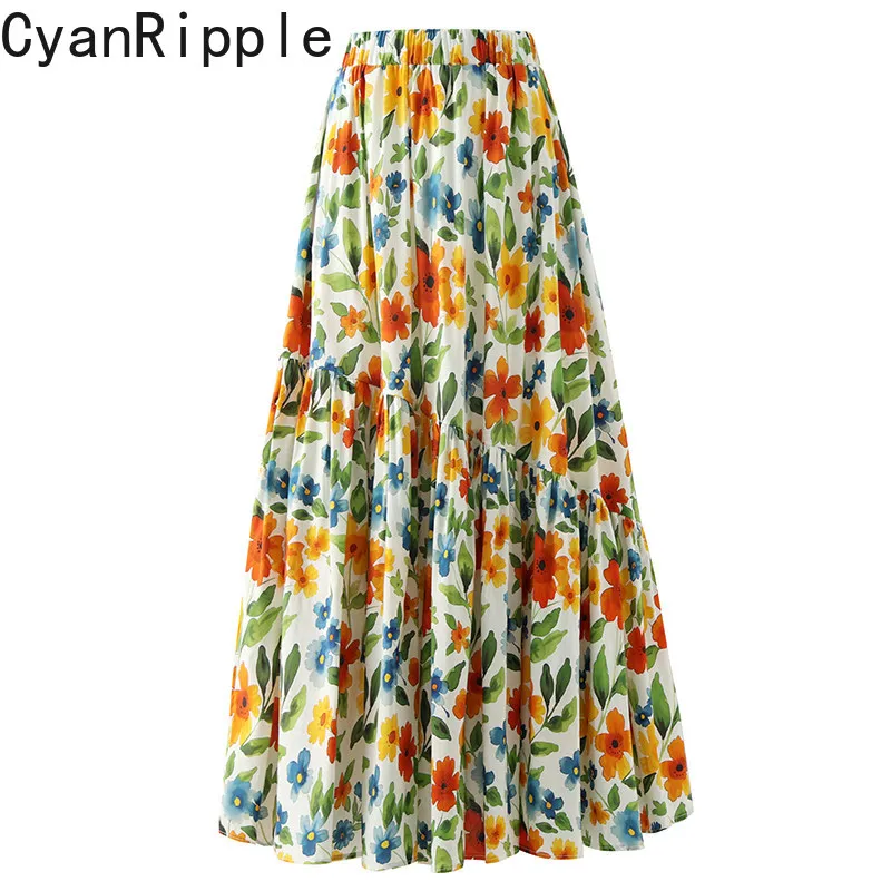 High Quality New Spring Summer Patchwork Floral Printing Pleated Skirt All-match Elastic Waist Vintage Ultra Long Cotton Skirts