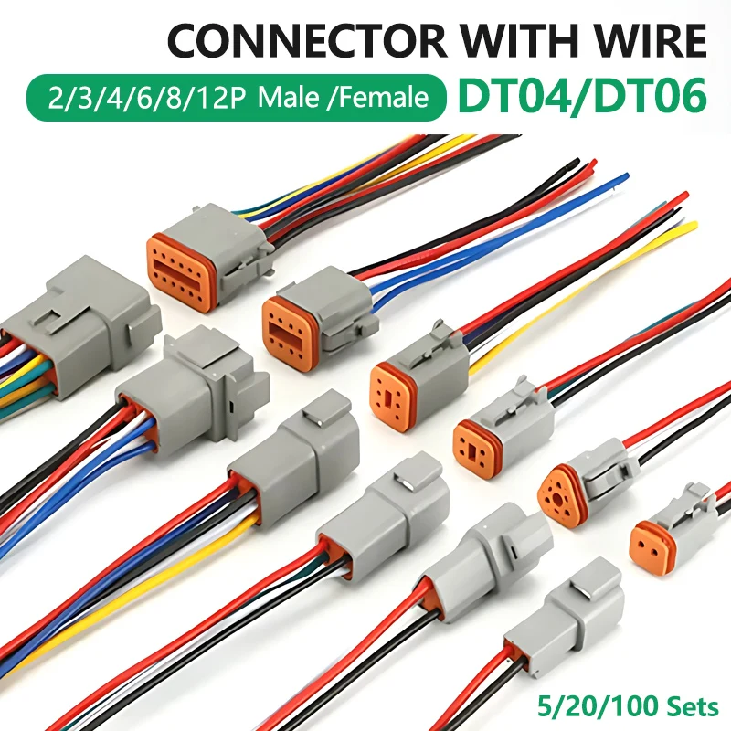 

5/20/100 Sets Deutsch DT connector with 15cm Wiring harness DT06-2S/DT04-2P 2P 3P 4P 6P 8P 12P waterproof electrical connector