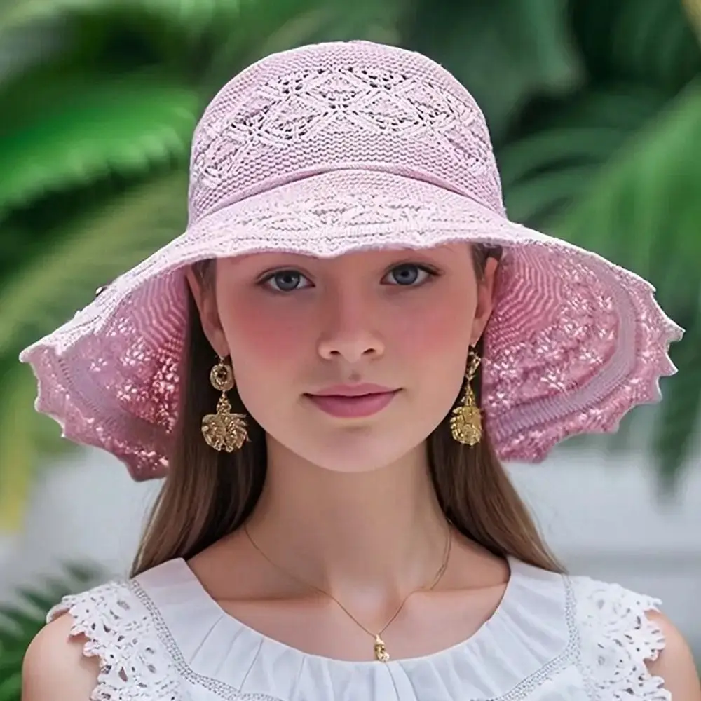 

Portable Crochet Summer Sun Hat Hollow Out Foldable Sunshade Hat Solid Color Weave Bucket Hat Hiking