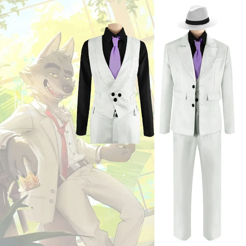 

Movie The Bad Guys Mr. Wolf Cosplay Costume White Suit Hat Outfits Halloween Carnival Performance Role Play Uniform for Men