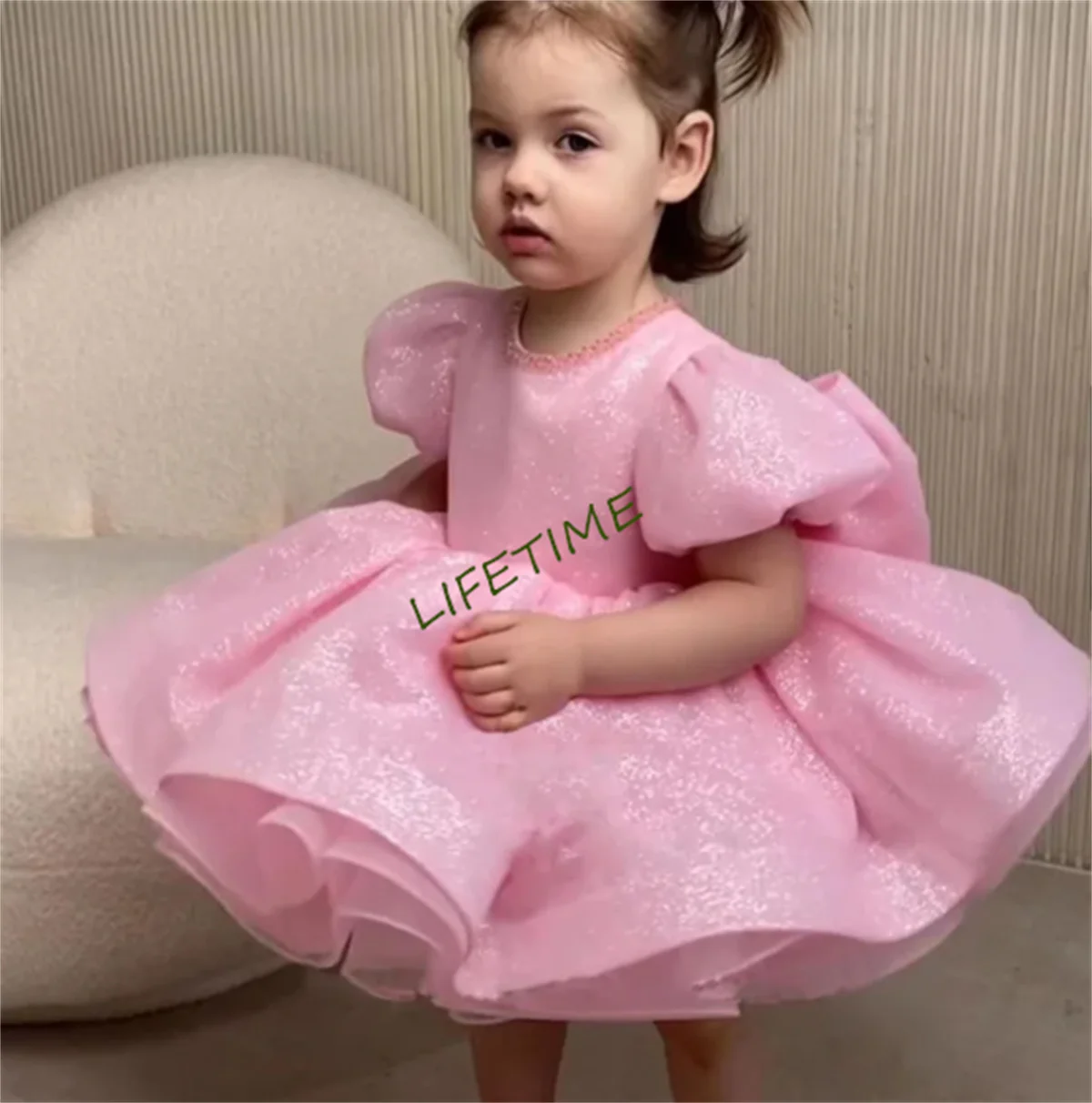 Pink Puffy Flower Girl Dress Princess Ball Gown with Big Bow Baby Girl Birthday Party Gown Glitter First Communion Dress