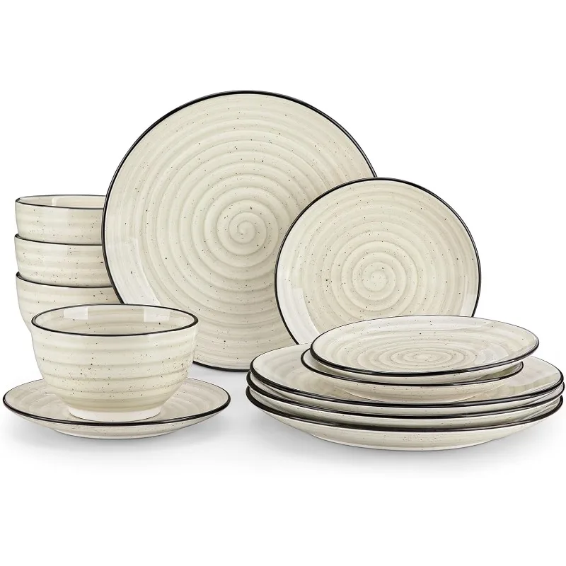 Dinnerware Sets 12 Pieces Bonbon Beige Dinner Set, Plates and Bowls Sets with Dinner Plates Bowls Handpainted Spirals Pattern