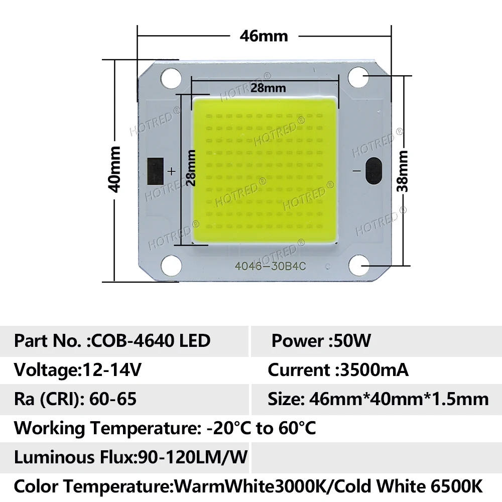 DC12V 50W High Power LED Chip COB Lights Diode 14V 50W Watt Cold Warm White Full Spectrum 3000K-30000K Lamp 44mm lens Heatsink
