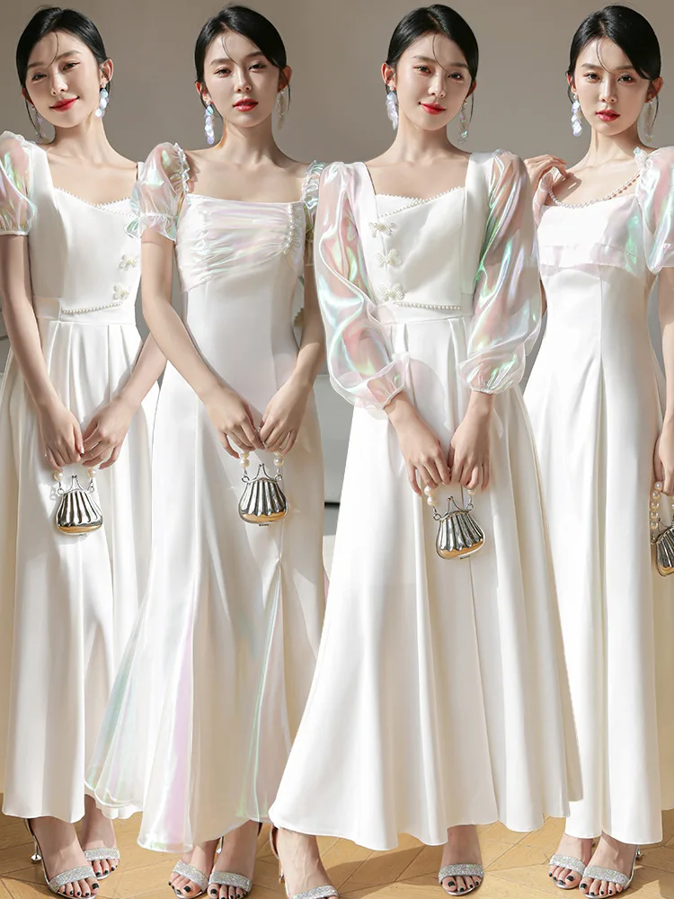 

White Satin Bridesmaid Dress For Women Color Sleeve New Summer Autumn Skinny Sisters Group Evening Dress Birthday Party Dress
