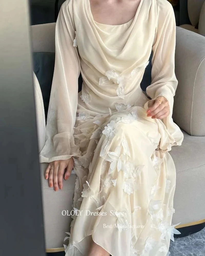 GiyuElegant Beige Chiffon Arabic Women Evening Dresses Long Sleeves 3D Flowers Prom Gowns Formal Party Dress