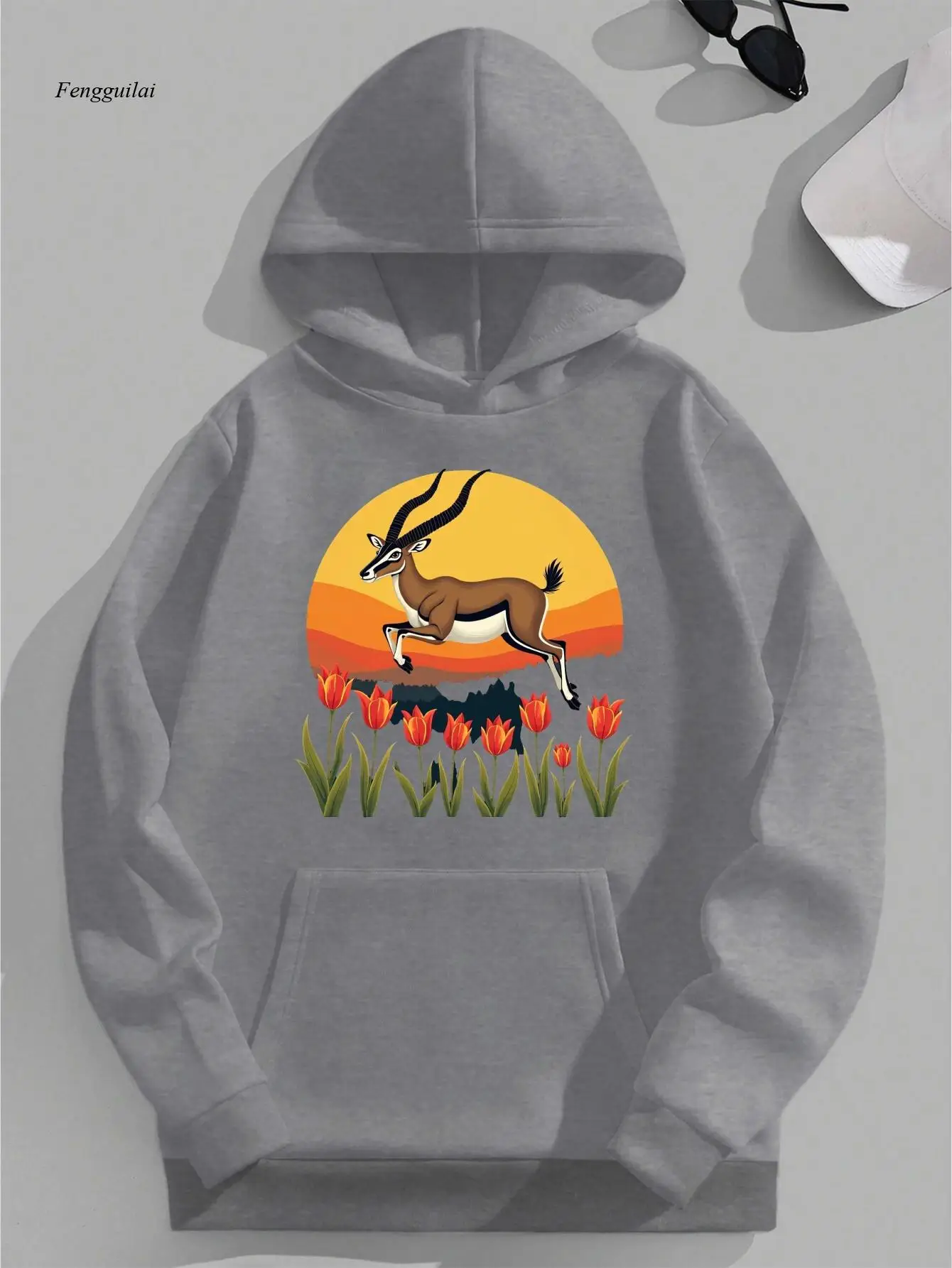 Moletom cinza com estampa de gazela saltando e tulipas vermelhas – bolso no peito com script tipo árabe, pulôver quente de inverno solto e ajuste